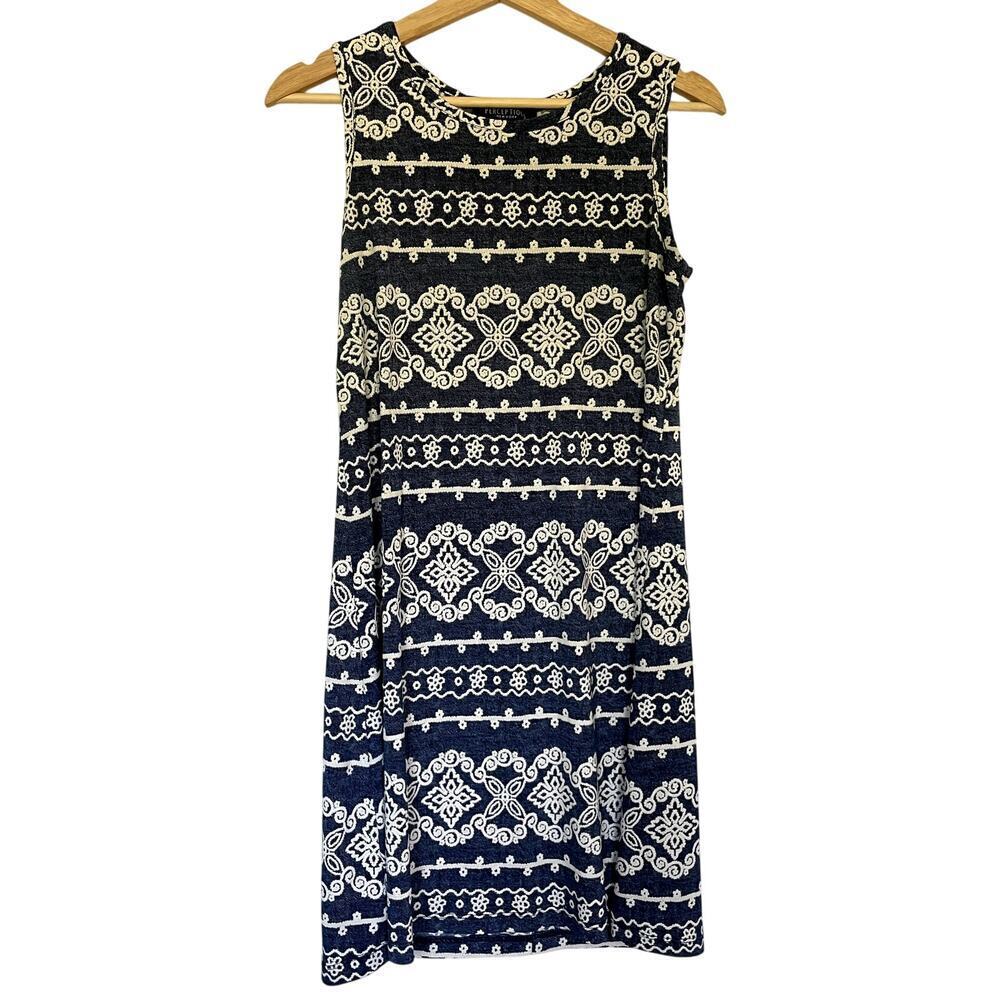 Perceptions New York blue and white patterned sleeveless knee- length dress S